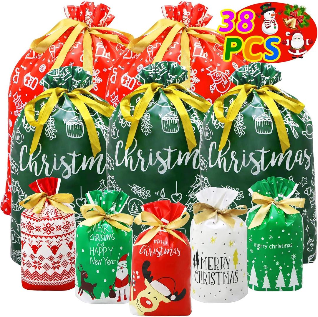 ZMCINER 38 PCS Christmas Drawstring Gift Bags Assorted Sizes Christmas Bags Drawstring for Gifts for Xmas Holiday Presents Party Favor