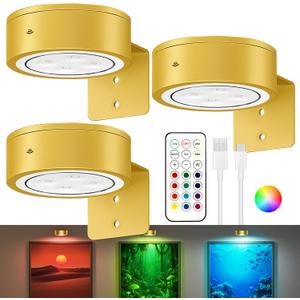 3-Pack Picture Lights for Wall, 13 RGB Color Changing Led Art Display Light with Rechargeable Battery Operated, Magnetic Painting Light with Remote Control, Wireless Home Wall Decorative Lighting