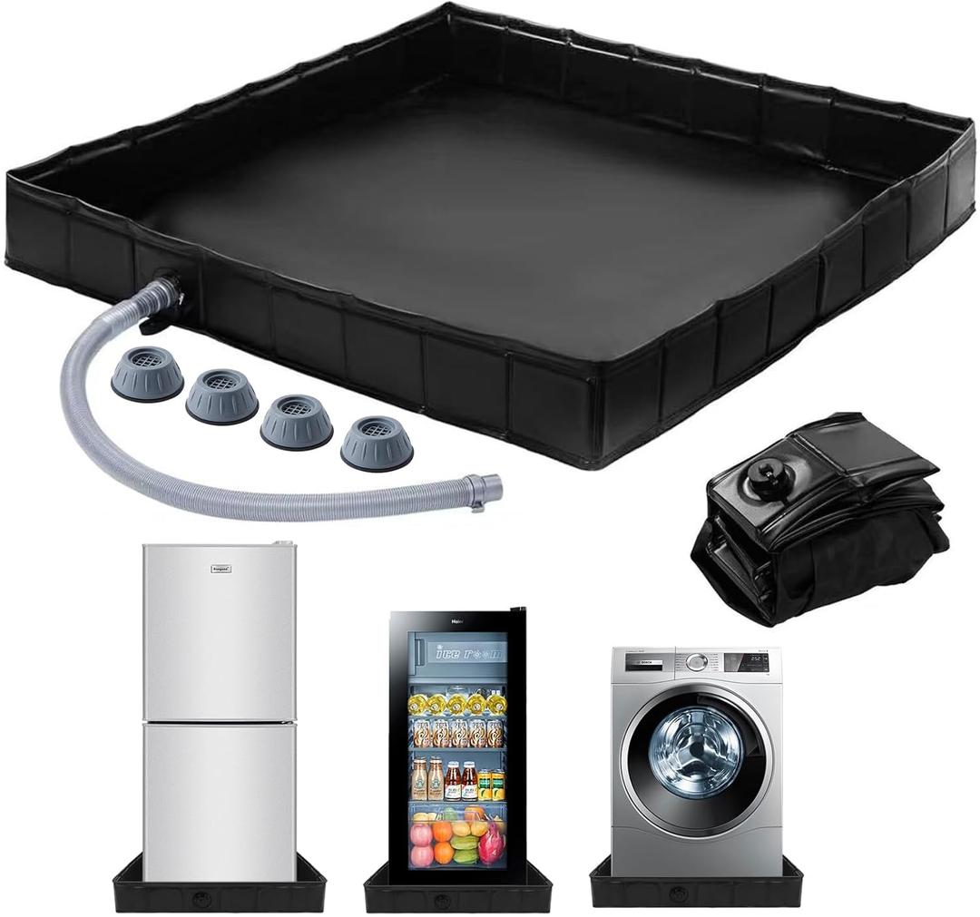 Foldable Washing Machine Drain Pan with Drain Pipe & 4 Anti-Vibration Pads, Portable Leak Proof Tray Non Slip Leak Proof Anti Vibration Waterproof Drip Tray 31.5x31.5x4.7 With Raised Edge