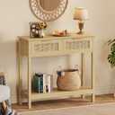 Trironsun Farmhouse Rattan Console Table with 2 Drawers 2 Tier Boho Narrow Long Sofa Table Natural with Open Storage Shelf Wood Entryway Table for Living Room Hallway Foyer (Nature, 39.4 Inch)