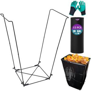 Trash Bag Holder Outdoor Leaf Bag Support Stand with 15 PCS 39 Gallon trash bags | Metal Garbage Bag Frame Holder for 30-45 Gallons Bags for Camping, Leaves, Gardening Parties | Black (17 Count, Pack of 1)