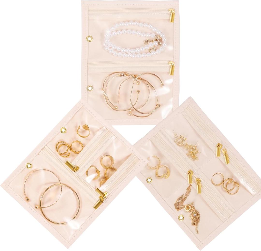 Travel Jewelry Case Organizer for Women, Jewelry Storage Book with Small Pouch, Travel Jewelry Bag Case for Traveling Earrings, Rings, Bracelet Organizer (Inner Pages, 3 PCS, Beige)
