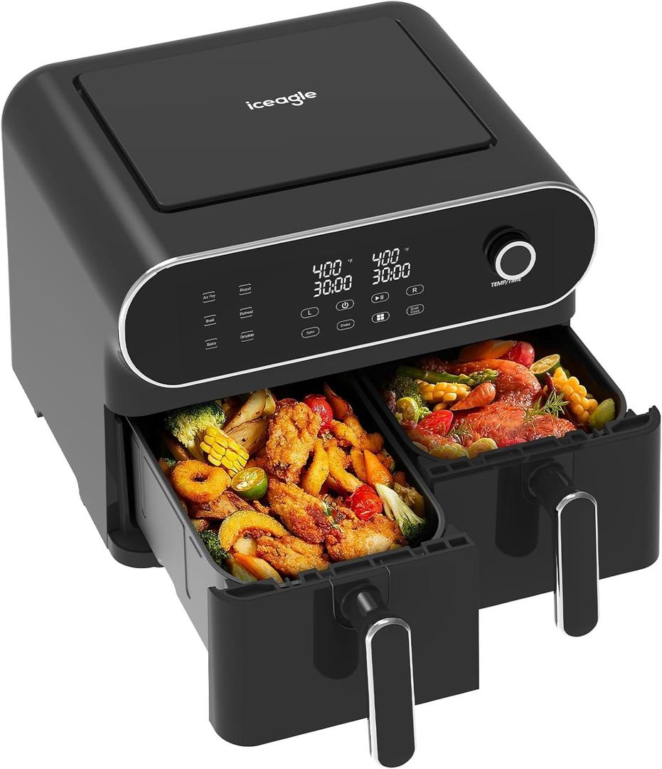 iceagle Dual Air Fryer 11 Quart - 6-in1 Airfryer with 2 Frying Baskets, Precise-control Knob | Sync & Dual Cook Functions to Ary Fry, Roast, Broil, Reheat and Dehydrate for Easy and Crispy Meals