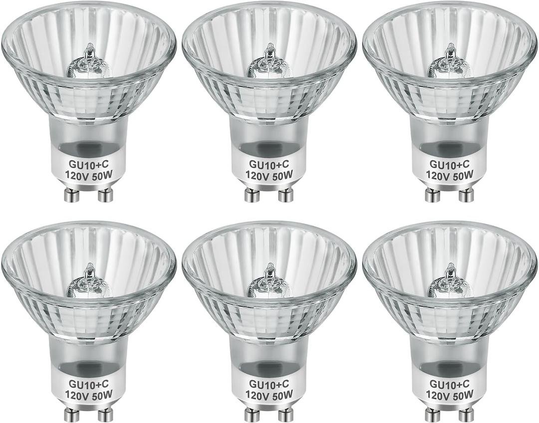 GU10 120V 50W Halogen Light Bulbs for Track and Range Hood, GU10+C Candle Warmer Lamp with Dimmable, 2700K Warm White, 6000+Hours Long-Lasting, Pack of 6