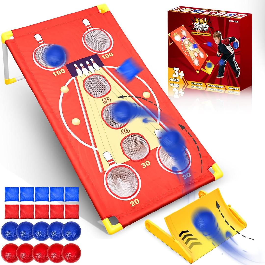 3 in 1 Cornhole Board Set Arcade Roll and Score & Bean Bag Toss & Ball Toss Game, Outdoor Carnival Party Corn Hole Outside Toys for Kids Adults, Yard Backyard Field Day Camping Family Reunion Game