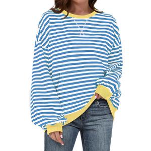 UEU Womens Striped Sweatshirt Crewneck Oversized Pullover Long Sleeve Top | Soft Cotton Blend Fabric, Front Kangaroo Pocket, Ribbed Cuffs Hem, Casual Loose Workout Clothes (M)