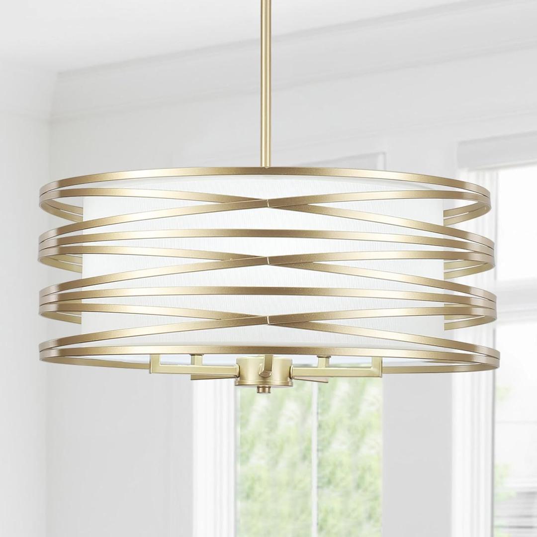 Sprayed Gold Chandeliers for Dining Room Modern Farmhouse 18.89 Inches Drum Chandelier with White Shade Industrial 5 Light Gold Pendant Lighting Fixtures for Entryway Kitchen Island Bedroom