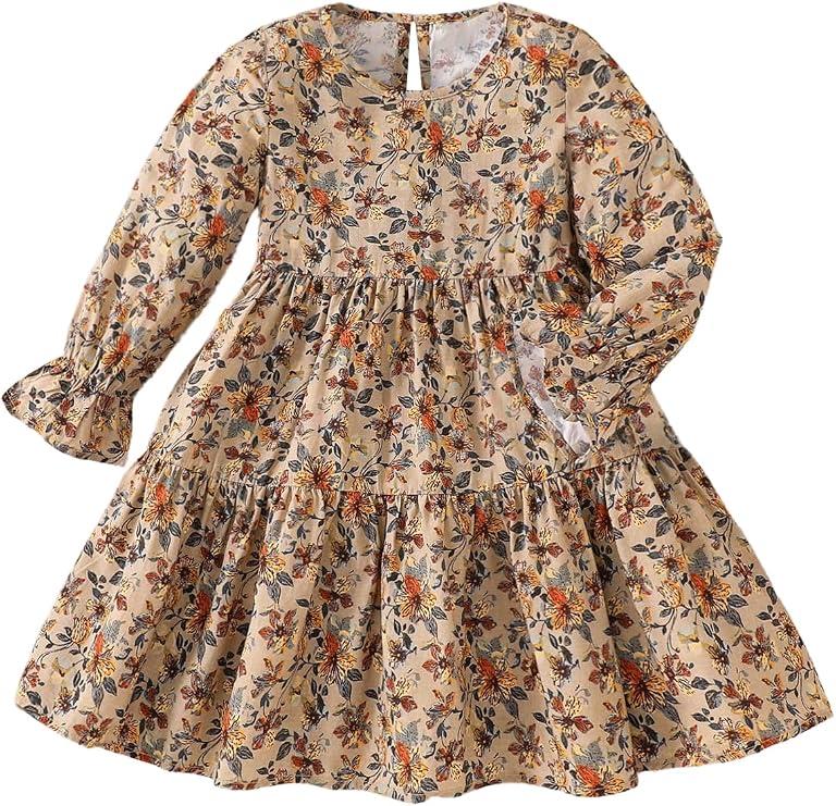 Verdusa Toddler Girl's Boho Floral Tiered Fall Dresses Vacation Puff Sleeve Ruffle Smock Dress, Size 6 Years