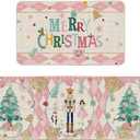 Artoid Mode Diamond Plaid Nutcracker Merry Christmas Kitchen Mats Set of 2, Winter Decor Low-Profile Kitchen Rugs for Floor - 17x29 and 17x47 Inch (Pink)