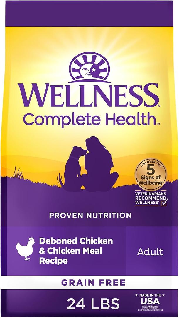Wellness Complete Health Adult Dry Dog Food, Grain Free Kibble, Natural, Chicken Recipe, 24 lb Bag (EXP 05/17/28)