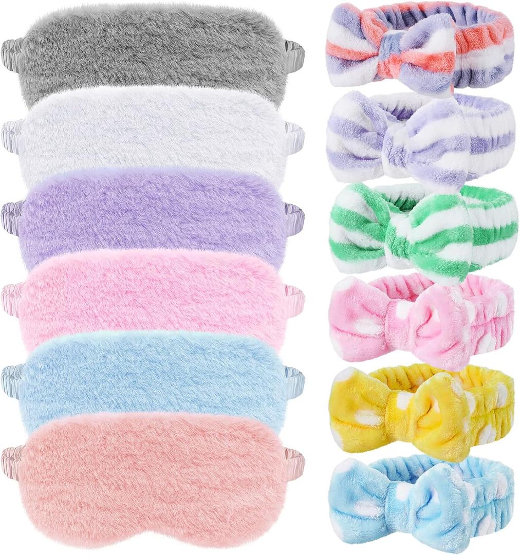 12 Pieces Sleepover Slumber Party Favors for Girls, Spa Party Supplies, Plush Eye Mask Sleep Eyeshade and Bow Headbands for Girls Women