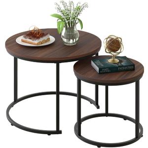 aboxoo Coffee Table Nesting Side Round Set of 2 End Table Top Sturdy Metal Frame Desk Centerpiece Living Room Bedroom Apartment Modern Industrial Simple Nightstand (Black Brown)