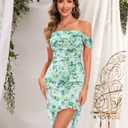 BeryLove Womens Sexy Off Shoulder Mesh Midi Wedding Guest Dresses Ruched Bodycon Ruffled Cocktail Dress (XS)