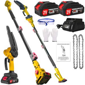 2-in-1 Electric Pole Saws for Tree Trimming, 6 Inch Cordless Pole Saw Battery Powered & Mini Chainsaw with 2 21V Batteries & Charger & Extension Pole, 14.2 Ft Max Reach Pole Saw for Branch Pruning