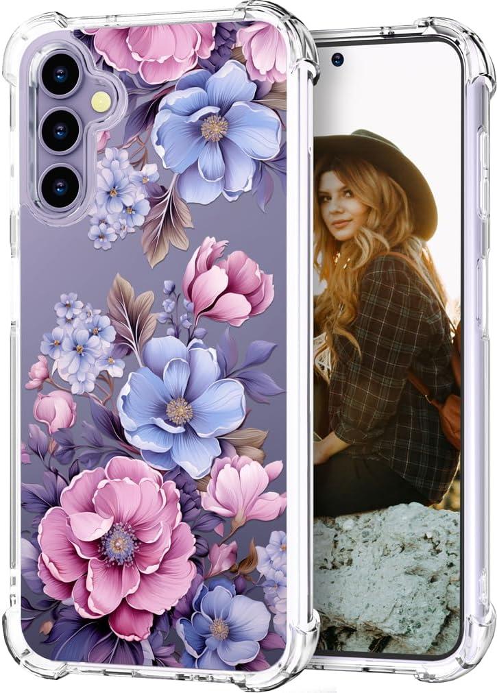 Hungo Compatible for Samsung Galaxy S25 Plus / S24 Plus Case Clear Design,Girly Skin S24+ S25+ Pink Large Floral Ladies Luxury Anemones Flower