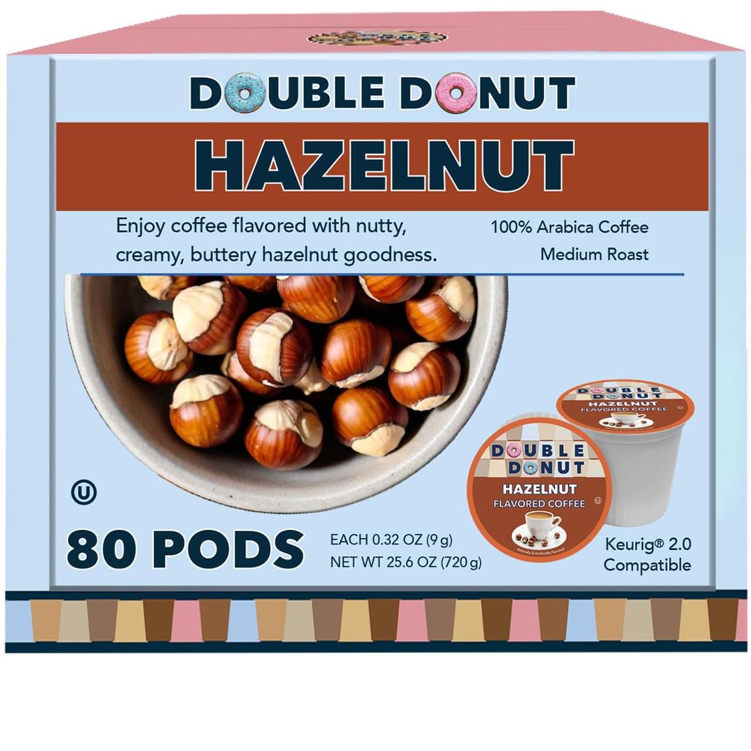 Double Donut Coffee Flavored Coffee Pods, Caffeinated Hazelnut Coffee Pods for Keurig K Cups Machines, Medium Roast, 80 Count (Pack of 1) (EXP 09/24/27)
