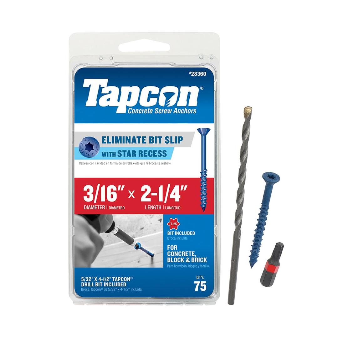 Tapcon 3/16 x 2-1/4 Inch Blue Climaseal Star Head Concrete Anchors, 75 PCS, Corrosion Resistant Coating, Heavy-Duty Concrete and Masonry Screws, Superior Holding Strength, Drill & T-25 Bit Included