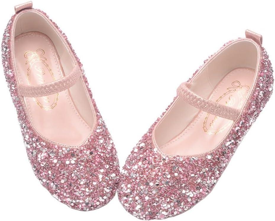 Girls Classic Slip on Mary Jane Ballet Flats Glitter Wedding Party Bridesmaids Flower Girl Princess Dress Shoes for Kid Toddler (3 Little Kid, Pink)