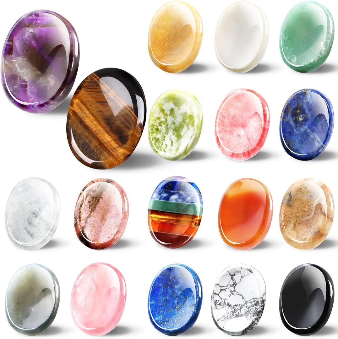 Fumete 18 Pcs Thumb Worry Stone for Anxiety Chakra Crystals, Oval Chakra Stones Tigers Eye Crystal for Anxiety Stress Relief Meditation Home Decor Christams Gift DIY Necklace