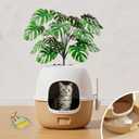 Hidden Cat Litter Box with Faux Plant & Scoop, Drawer Decorative Litter Box Enclosure with Odor Controlled Carbon Filter, Effortless Refilling, Scooping & Cleaning, Leak-Proof Design, Light Brown