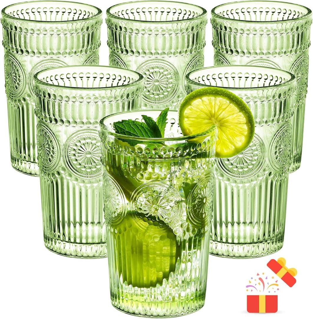 Vintage Drinking Glasses Set - 12 Oz Romantic Embossed Glassware - Premium Glass Cocktail Cups for Water Juice Tea Beverage - Set of 6 - Green