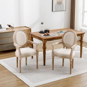 GDFStudio French Solid Wood Dining Armchairs Set of 2, Beige Upholstered Linen Seats with Carved Arms, Rubberwood Legs, Vintage Country Inspired Chairs for Dining Room or Kitchen, 21.66"