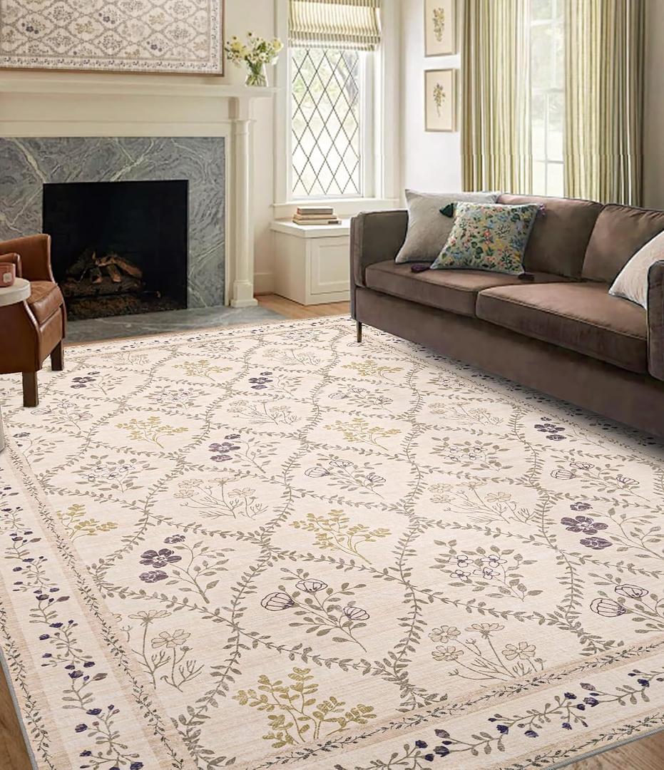 YIHOUSE Washable Floral 6x9 Area Rugs for Bedroom Girls, Beige Soft Living Room Rug Non Slip Ultra-Thin, Large Throw Carpet for Kids Playroom, Classroom, Dorm, Nursery, Beige Multi