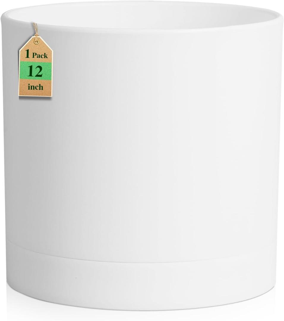 WSMKSZ 12 Inch Large Deep Flower Pots for Outdoor Indoor Plants, Cylinder Tall Plant Pots with Drainage Holes and Saucer, Big Decorative Plastic Planter Pots for Garden House Plants, White