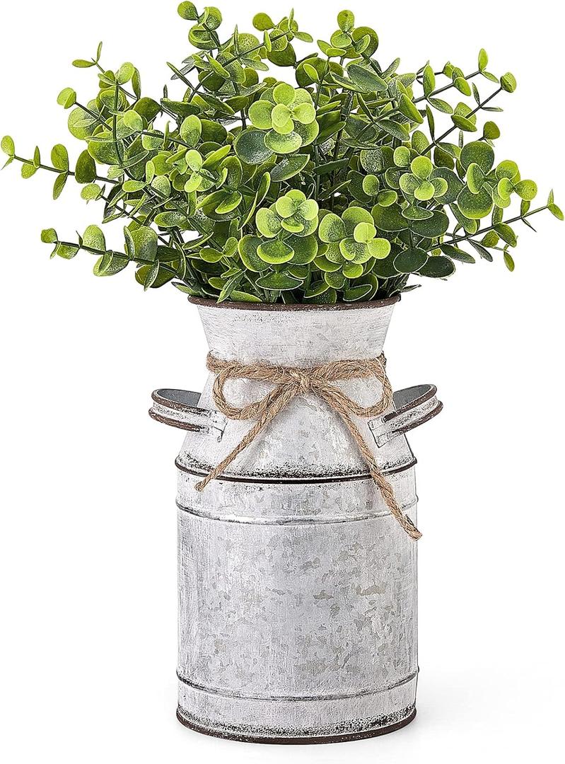 Dahey Metal Flower Vase with Artificial Eucalyptus Farmhouse Decor Rustic Shabby Chic Milk Can Galvanized Jug Planter Fake Plants in Decorative Tin Vase for Table Centerpieces Bedroom Kitchen Decor