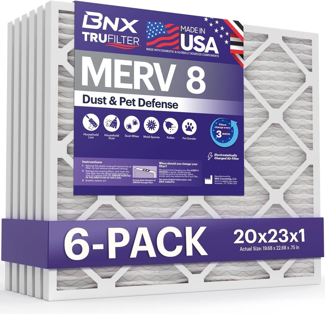 BNX TruFilter 20x23x1 Air Filter MERV 8 (6-Pack) - MADE IN USA  Dust & Pet Defense Electrostatic Pleated Air Conditioner HVAC AC Furnace Filters for Dust, Pet, Mold, Pollen MPR 600  700 & FPR 5