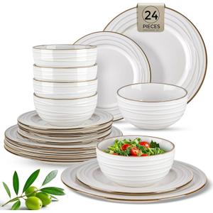 GBHOME Ceramic Dinnerware Sets, 24 pcs Embossed Elegant Stoneware Plates and Bowls Sets, Housewarming Wedding Gift | Dishwasher & Microwave Safe | Dishes Set Service for 8