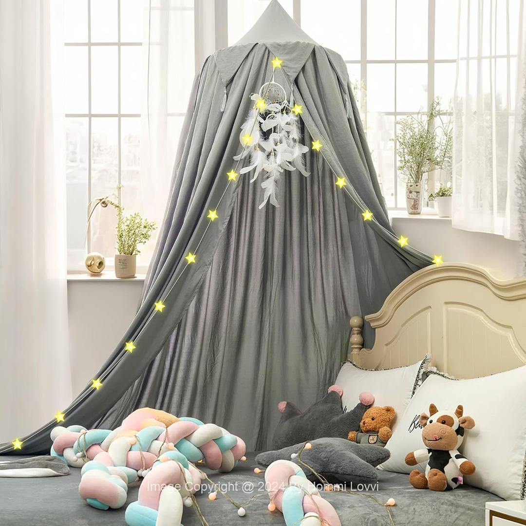 Princess Bed Canopy for Girls, Dreamy Tassels Ceiling Canopy Net Kids Room Decor Soft Canopy Reading Nook, Extra Large Canopies Full Queen Size with Lights - Grey