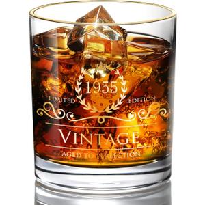 1955 70th Birthday Gifts for Men/Dad/Son, Vintage Unfading 24K Gold Hand Crafted Old Fashioned Whiskey Glasses, Perfect for Gift and Home Use - 10 oz Bourbon Scotch, Party Decorations