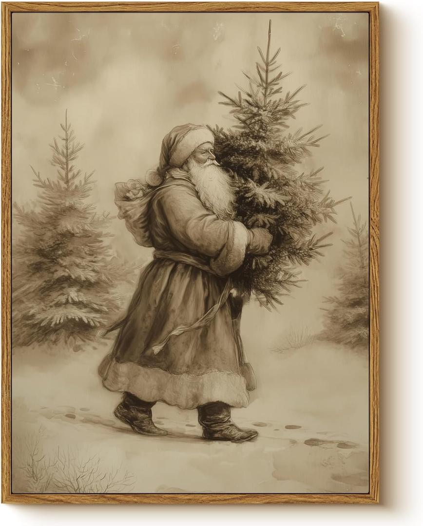 WHASAYART Vintage Santa Claus Carrying Christmas Tree Wall Art, Retro 12x16 Framed Canvas Print, Rustic Sepia Tone Santa with Pine Tree Artwork, Classic Winter Holiday Entryway Bedroom Home Dcor