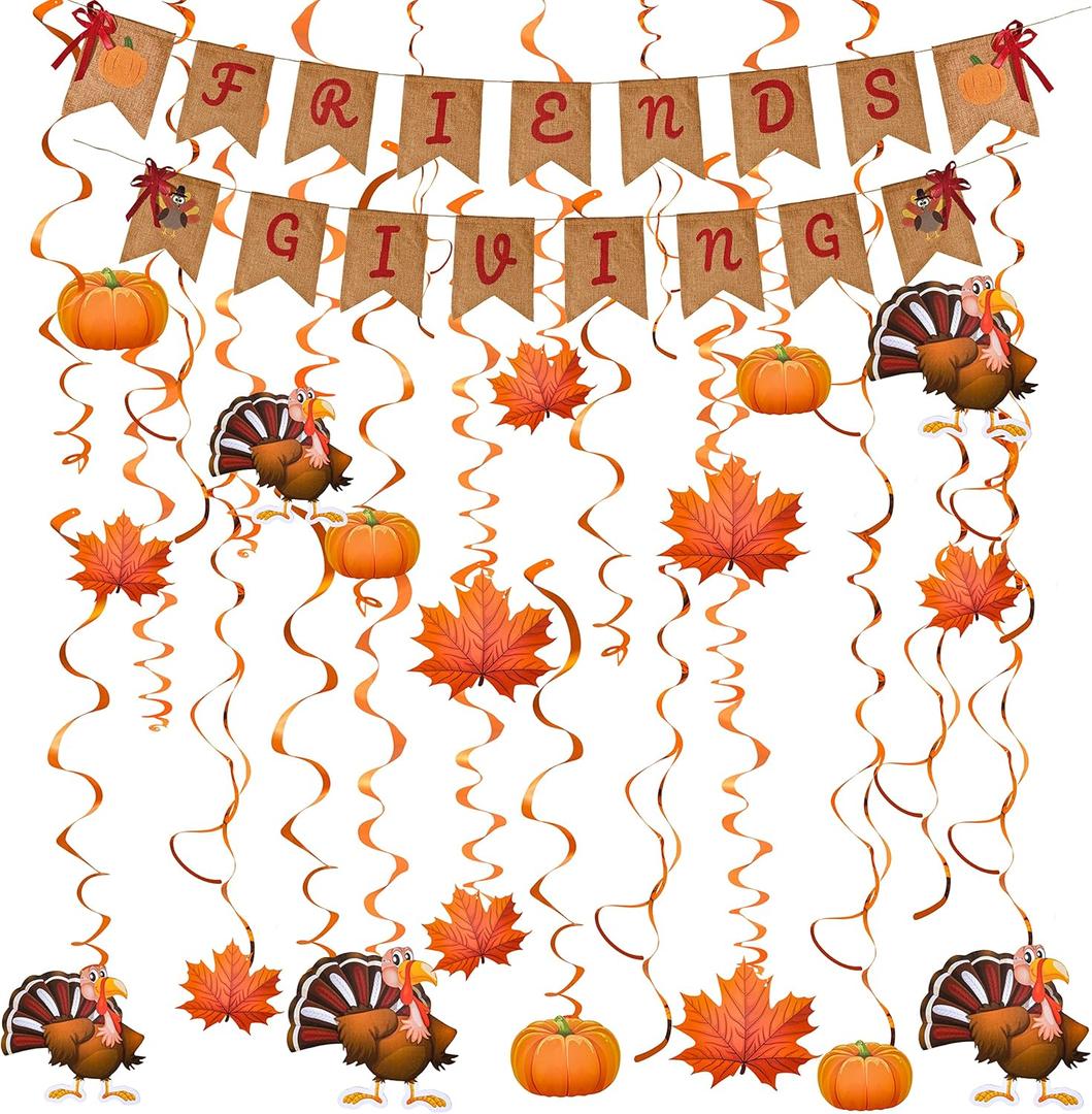 JOYIN Friendsgiving Garland Party Decoration Set Including 2 Banner Hanging Garland, 6 Foil Swirls with Decorative Hanging Cutouts for Thanksgiving Holiday Decor