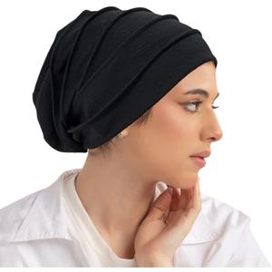 Cotton Sleep Cap Women Beanie Chemo Hat Elastic Turban Head Wrap Cap Bonnet Cap Muslim Headscarf Nightcap for Hair Head Cap (Medium-Large, Black)