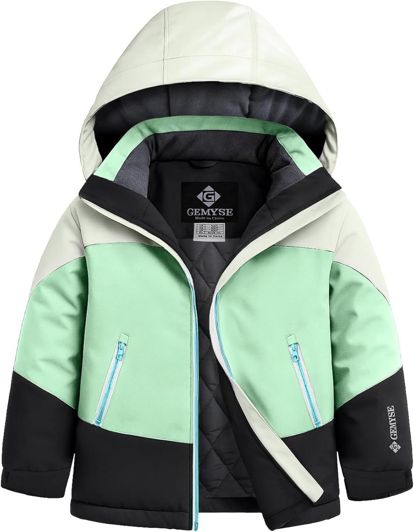 GEMYSE Girls Winter Coat Waterproof Windproof Girls Ski Jacket with Hood Kids Quilted Outerwear(Ambrosia Green Patchwork, 6/ 7)