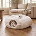 Cat Tunnel Bed Cave - Soft Washable Cushion for Indoor Cats, Peekaboo Hideaway Cave for Indoor Cats, Kittens, Puppies, Rabbits, Luxurious Striped Hare-Feel Fabric, Tunnels for Indoor Cats Large(White)