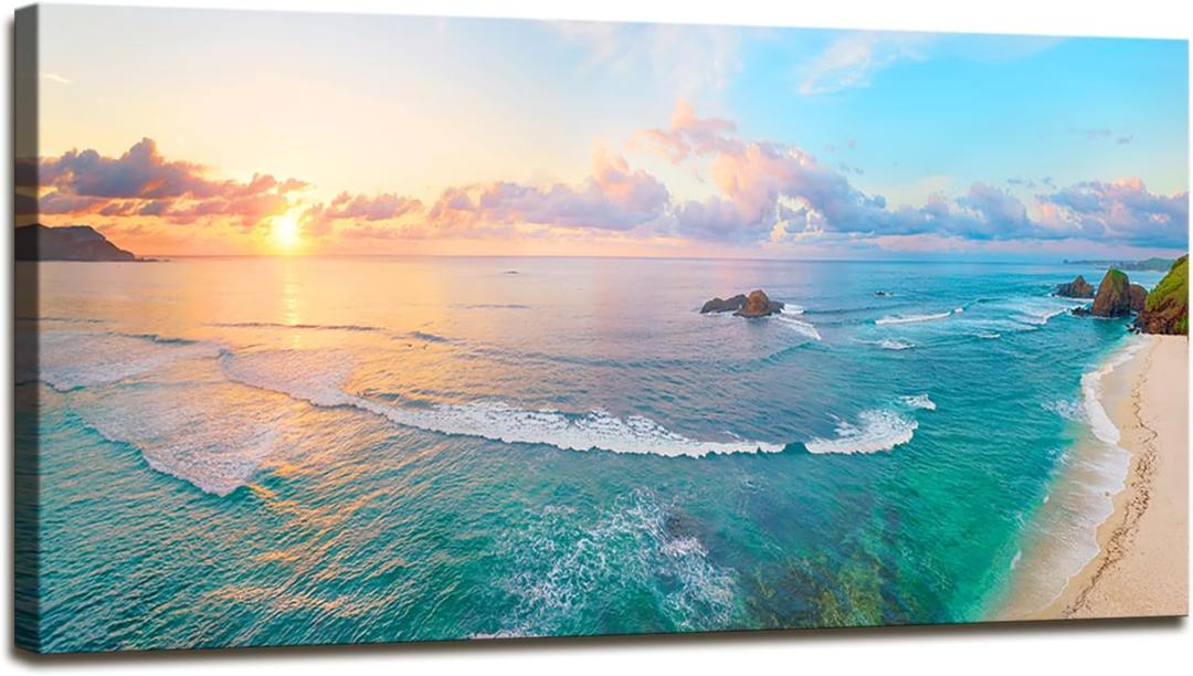 XXMWallArt FC3962 Tropical Beach Wall Art Blue Sea Sunset Natural Scenery Picture Print On Canvas Seascape Canvas Print Artwork for Living Room Bedroom Kitchen Home and Office Wall Decor, 48"L x 24"W