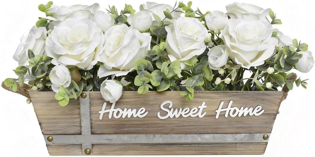 Artificial Rose Flower Arrangement with Eucalyptus in Wooden Planter, Faux Flowers Farmhouse Table Centerpiece, Home Sweet Home Rustic Home Dcor, White