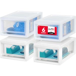IRIS USA 6 Qt. Small Plastic Stacking Drawer, Stackable Storage Organizer Unit with Sliding Drawer for Bedroom Kitchen Under Sink Pantry Craft Room Dorm Office, White, 4-Pack