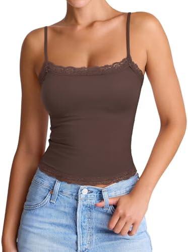 PINKMSTYLE Women's Sexy Square Neck Lace Cami Tank Tops Fitted Double Lined Sleeveless Crop Spaghetti Strap Summer Y2k Tops, Size: XL