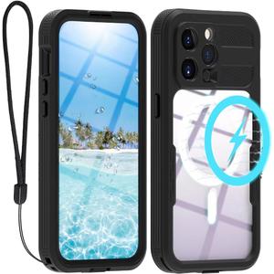 Compatible with iPhone 15 Pro 5G Waterproof Case 6.1 Inch, IP68 Protective with Magsafe, Camera/Lenses/Screen Protector, with Lanyard, Rugged Full Body Shockproof Cover Fundas Black-Clear