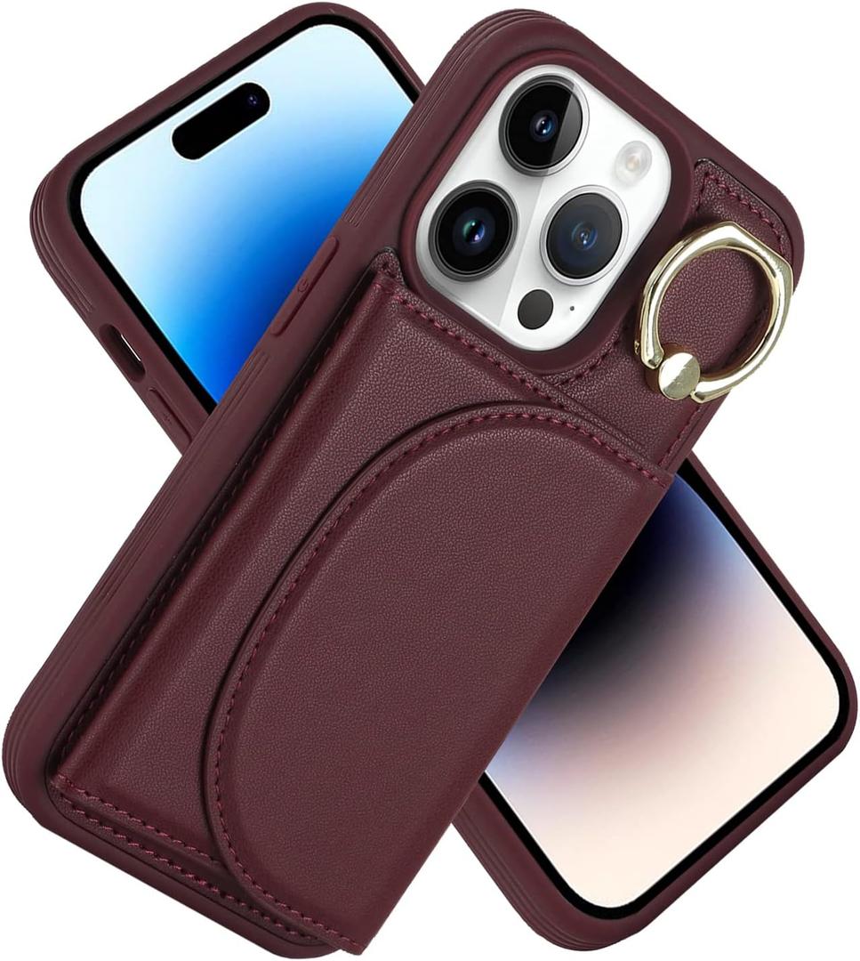 for iPhone 14 Pro Case Wallet with Card Holder Ring Stand Shockproof Phone Cover Slim with Credit Card Slots for Women Men-Red