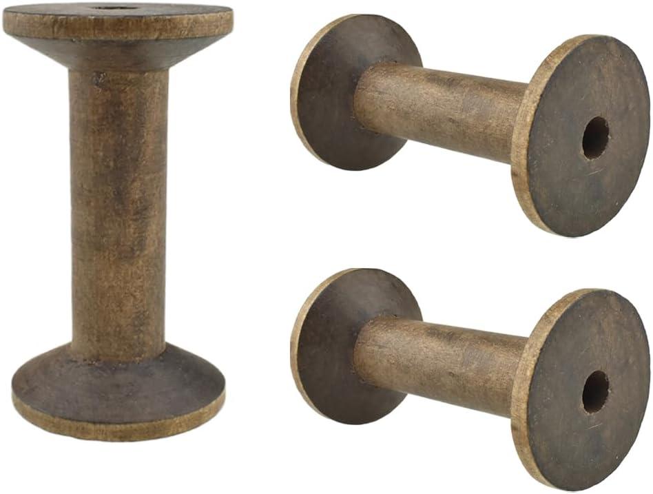 HAHIYO 3.15Inches 3PCs Vintage Coffee Color Wood Spool - Large Unfinished Wooden Thread Spools for Textile Wire Weaving Ribbon Crafts DIY Art Education - Smooth, Rotatable Bobbins