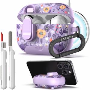 TATOFY for AirPod Pro 1st & 2nd Gen Case with Phone Stand Lock Carabiner Cleaning Kit, Floral AirPods Pro Hard Shell Dustproof Cover for Women, MagSafe Compatible (Purple 1, AirPods Pro & Pro 2)