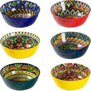 Henten Home Ceramic Soup Bowls Set of 4, 25 oz Porcelain Cereal Bowl Set, Colorful Bohemian Style Serving Bowls for Salad, Pasta, Oatmeal, Microwave & Dishwasher Safe