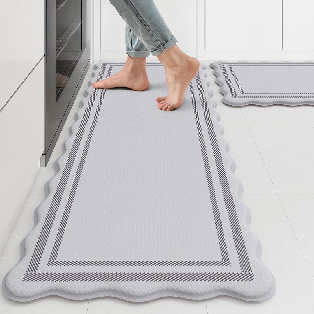 KIMODE Anti Fatigue Kitchen Mats, Light Grey Kitchen Rugs 17"x47"+17"x29"