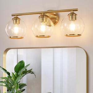 Mecgirn Brushed Gold Bathroom Vanity Light Over Mirror, 3 Light Bathroom Light Fixtures with Clear Globe Glass Shade, Modern Vanity Lighting Wall Mounted