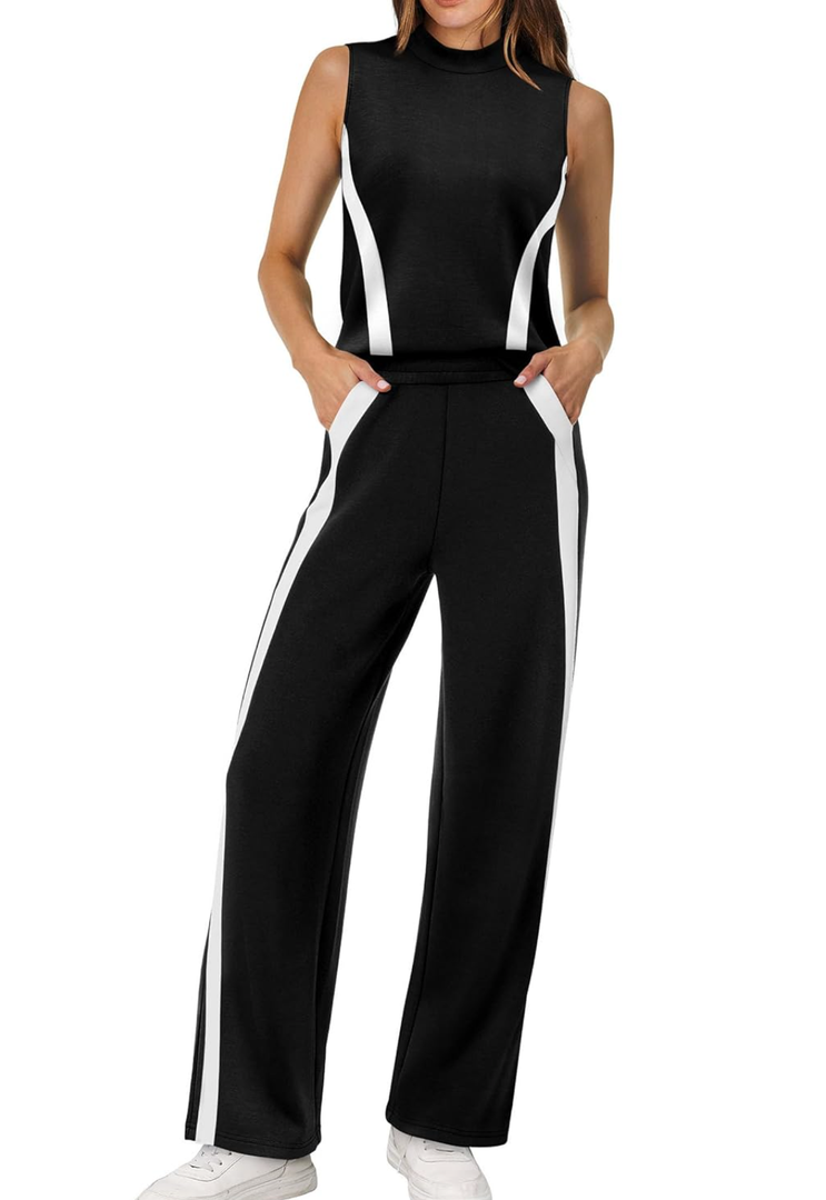 XIEERDUO Two Piece Sets for Women Summer Outfits Travel Mock Neck Lounge Sets Wide Leg Pants Beach Vacation Clothes, Medium